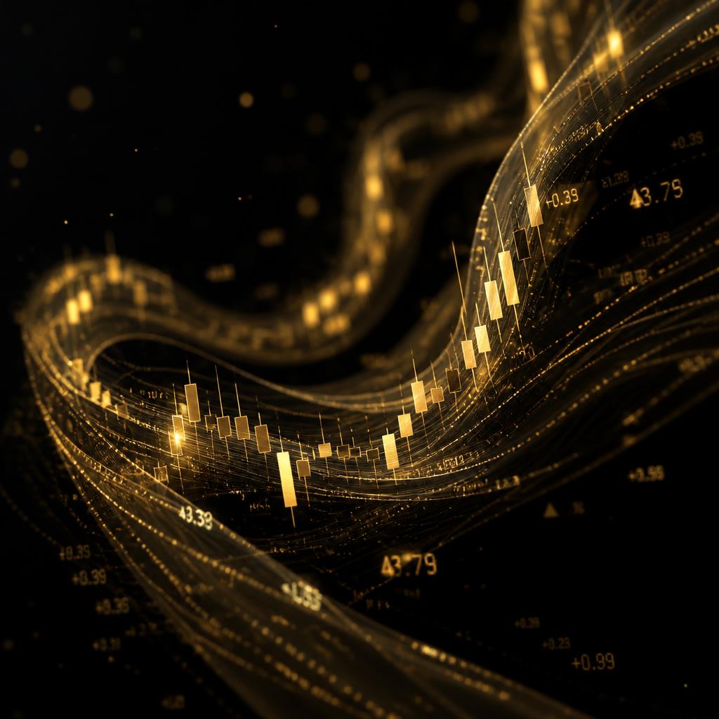 Golden financial data streams flowing through darkness — Mouvel intelligence visualization